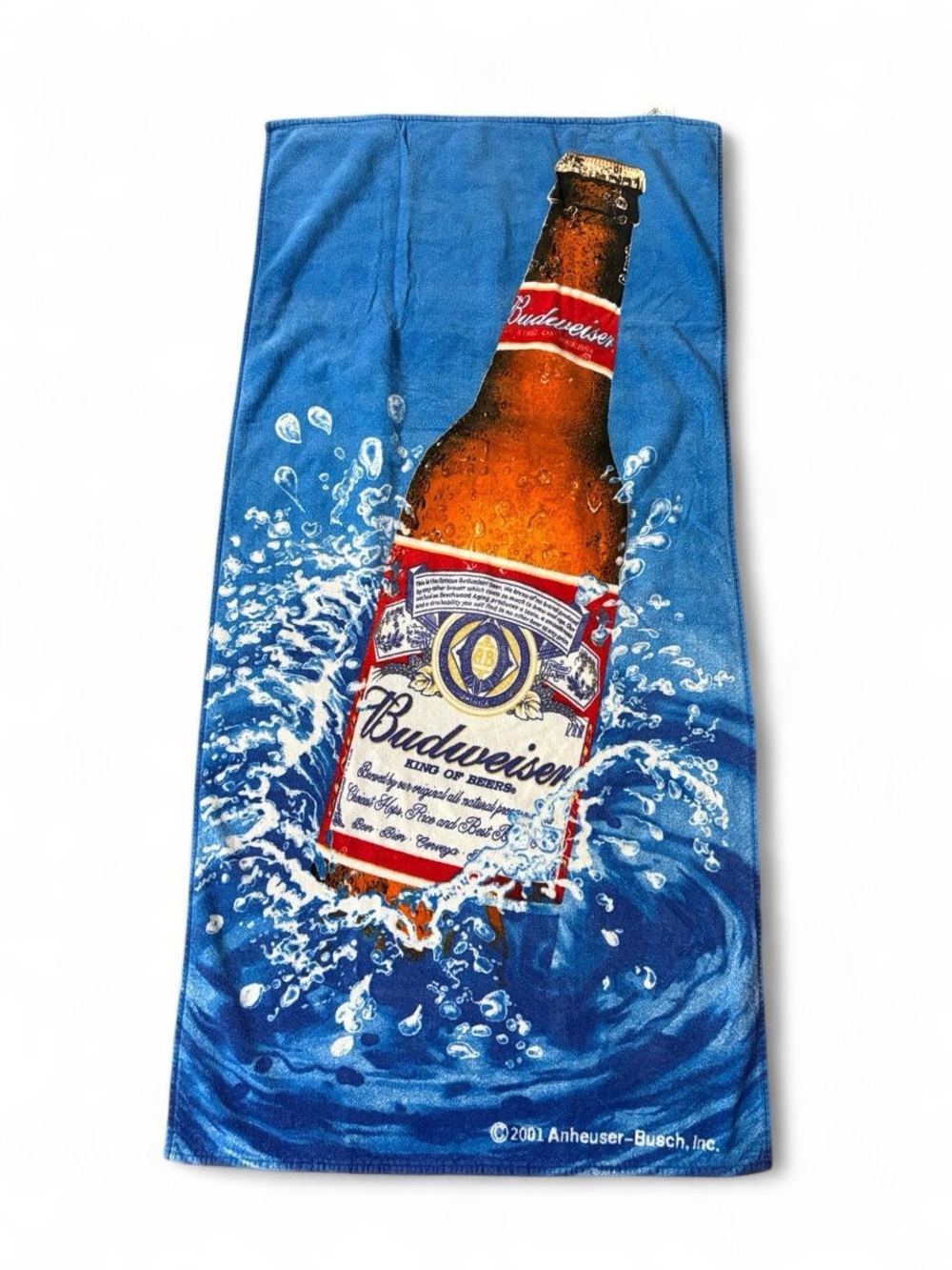 Vintage 2001 Budweiser Beer Bottle Water Splash Beach Towel 100% Cotton 27x54